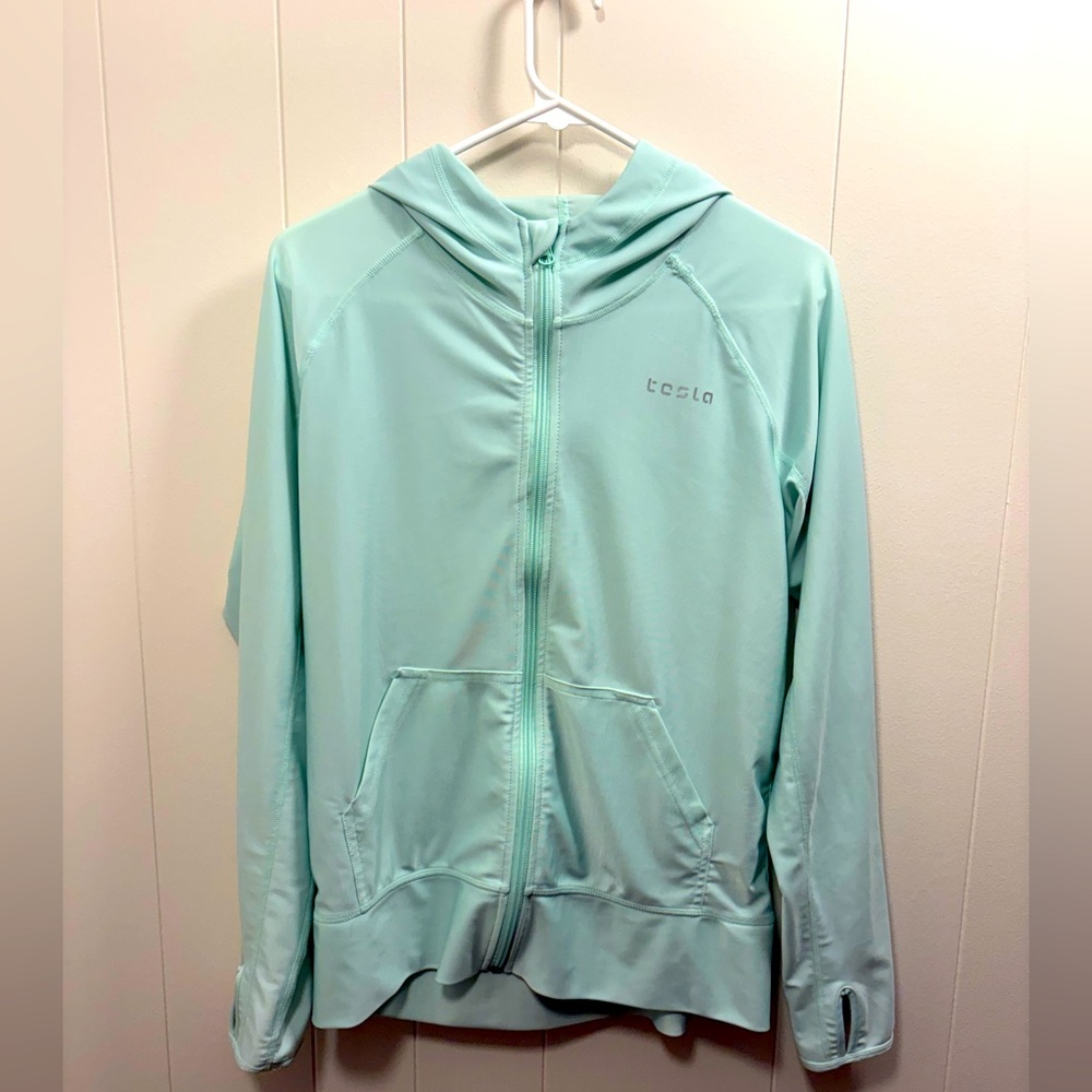 TESLA Women’s Teal Long Sleeve Hoodie Lightweight EUC